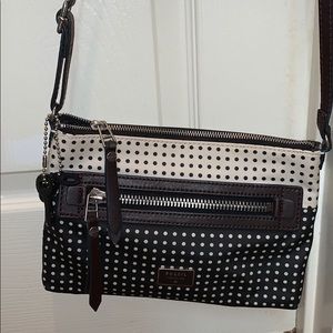 Fossil brown and white polka dot crossbody bag